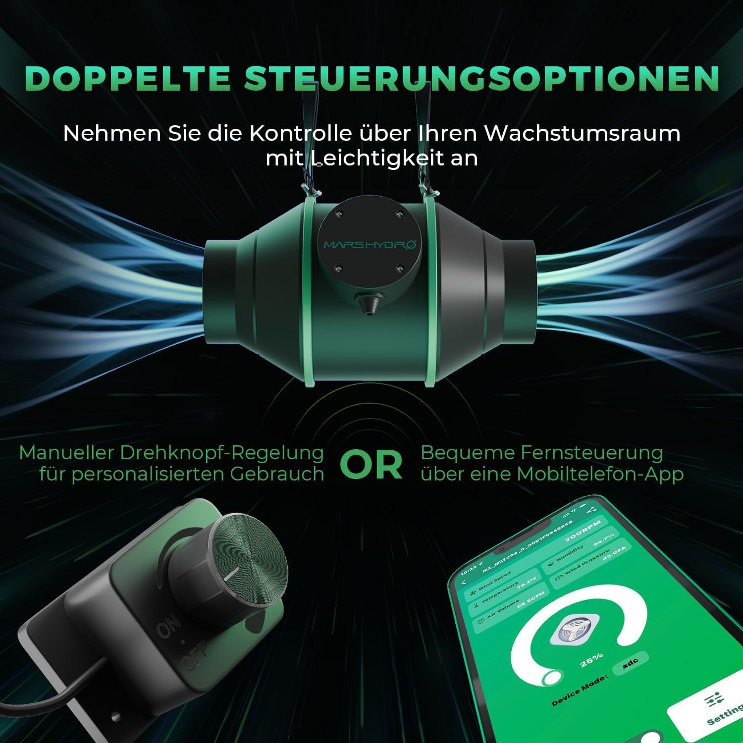 Mars Hydro Smart 4 Zoll Inline-Ventilator MIT Variable GeschwindigkeupsRegler, Temperatur und Luftfeuchtzeitsensor, Belüftungsventilator für Hydroponik Zelt wachsen Zelt – Bild 2