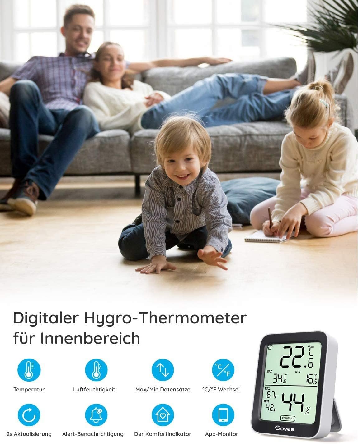 Govee Thermometer Hygrometer Innen, LCD Digital Temperatur Luftfeuchtzeitsmesser MIT Benachrichtigungs Alarm, Präzise Thermo-Hygrometer MIT-App, DATENSPEICHERUNG FUR GEWÄCHSHAUS WEINKELLER – Bild 2