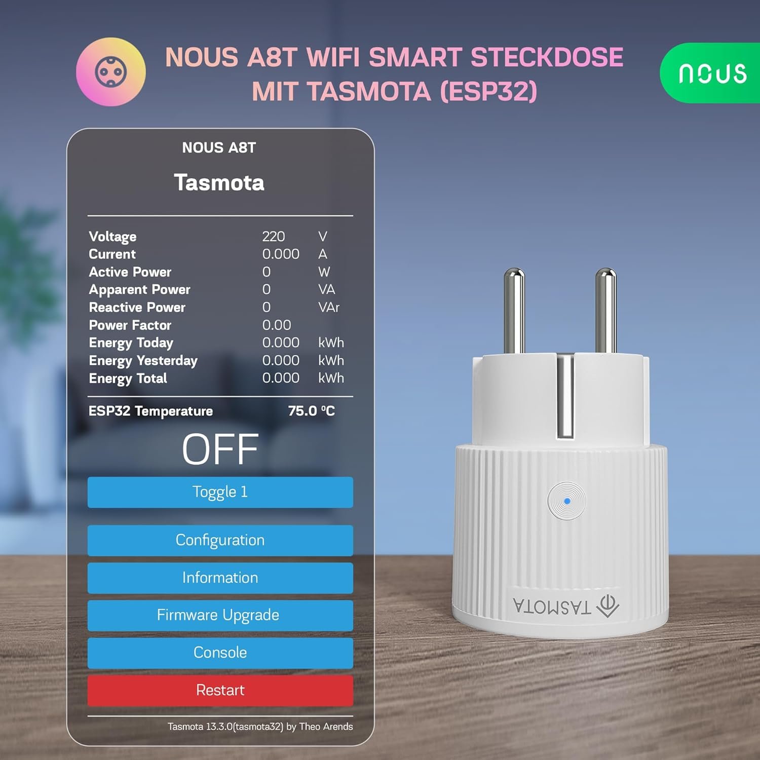 Tasmota Steckdose Nous A8T, Kleinste Wlan ESP32 Smart Plug, 10A Mini Wifi Steckdosen MIT Stromverbrauch Stromzähler, Zeitschaltuhr, Kompatibel Mit Matter, Alexa, Google Home Assistent, MQTT, 2.4g – Bild 2