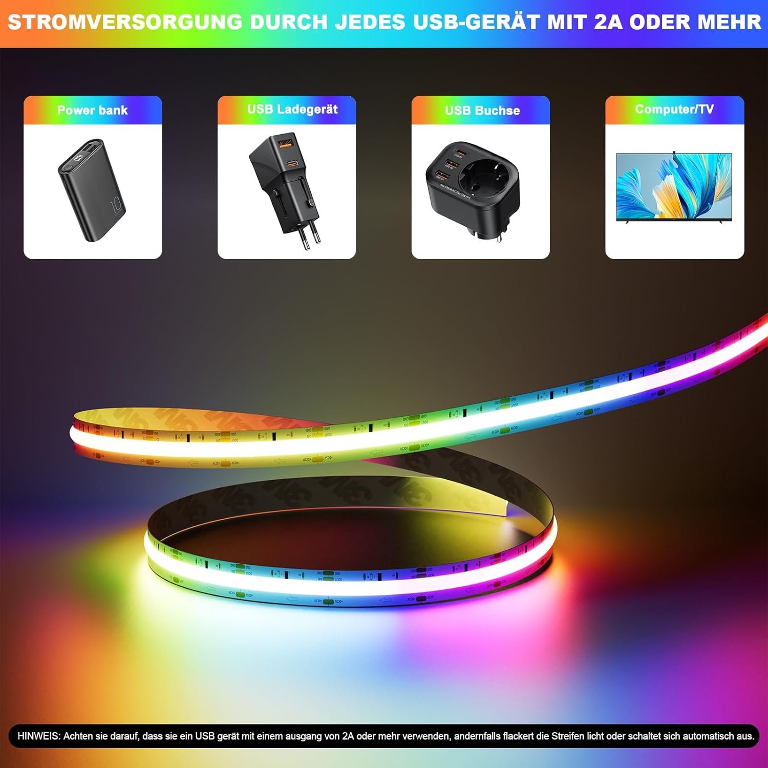 Pautix USB RGB Smart IC COB LED STRIFEN 3M 5V, 1800LEDS PIXEL ADRESSIERBARES FARBWECHSELNDE RGB LED Band, FunktionTerert für Alexa/Google Assistent, RF Fernbedienung für TV Weihnachtsfeiser Diy DeKoration – Bild 5