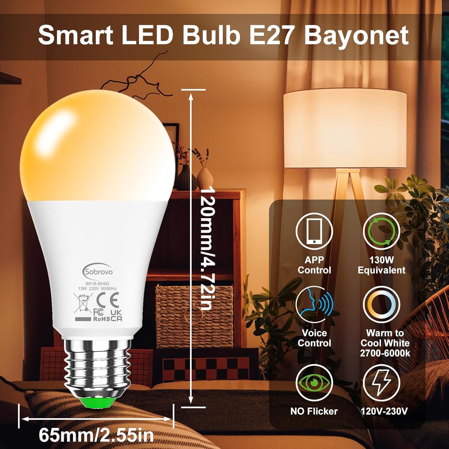 LED SMART Guhbirne Kompatibel MIT Alexa, 13W 1200LM E27 Bluetooth Lampe, 2700K-6500K Dimmbar Warmweiß Kaltweiß, App Steuern, SprachSteuerung, Energiesparend, Smarte LED Glühbirnen (1 Stutck) – Bild 2