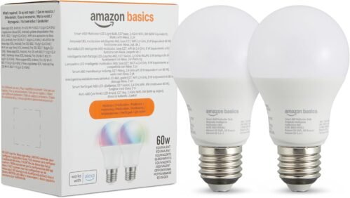 Amazon Basics Smarte A60 LED-Glühbirne, Farbenwechselnd, E27, 2,4 GHz Wlan, 8 W (entsspricht 6), Funktionert Nur MIT Alexa, 1 Stückk