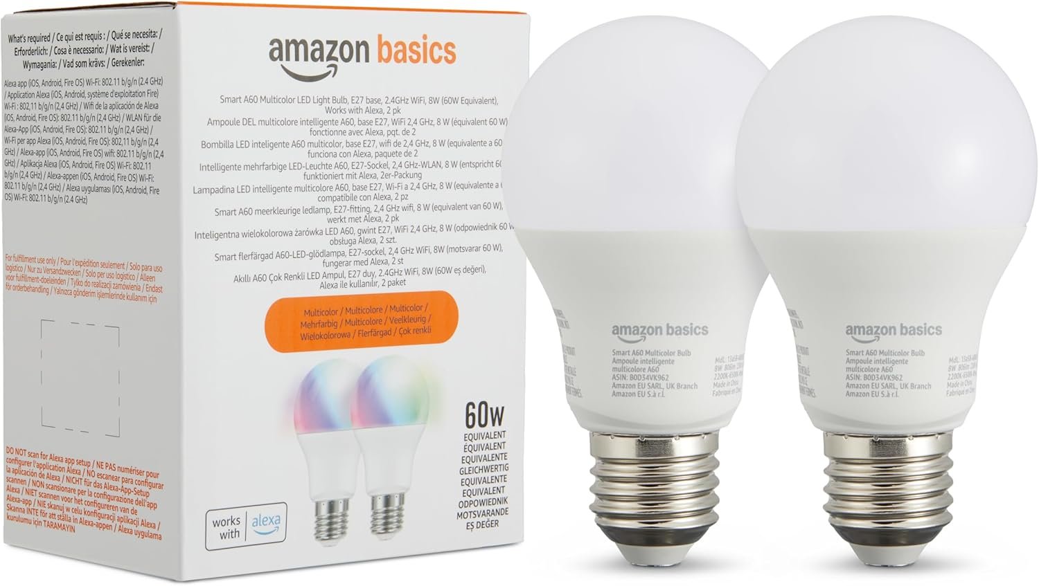 Amazon Basics Smarte A60 LED-Glühbirne, Farbenwechselnd, E27, 2,4 GHz Wlan, 8 W (entsspricht 6), Funktionert Nur MIT Alexa, 1 Stückk