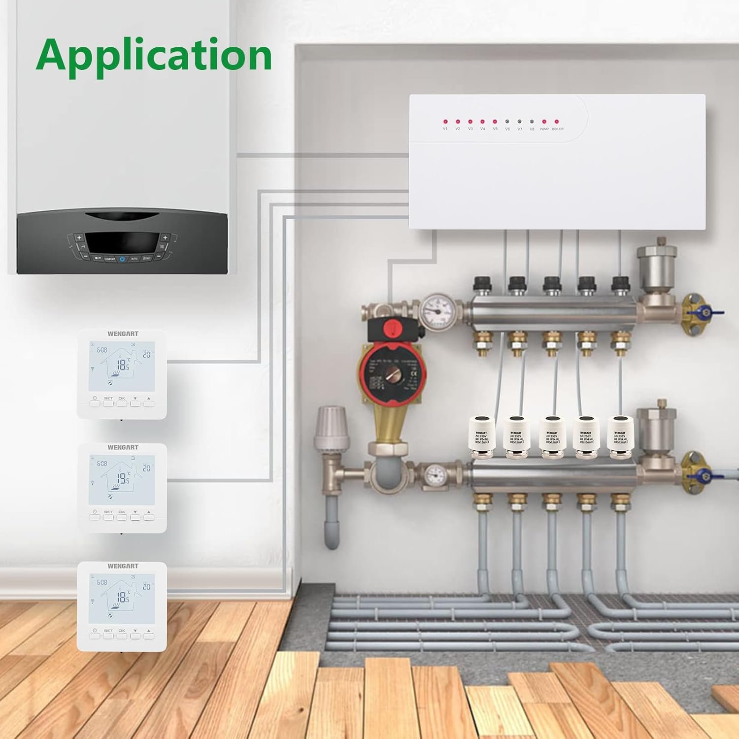 Wengart Fußbodenheizung Verdrahtungszentrum für 230 V WG525, Thermostat und Stellantrebe, 8 Zonen Heizungskonzer Zentrator, wörtlicher Gaskocher und Wasserpumpe, Weiß – Bild 5