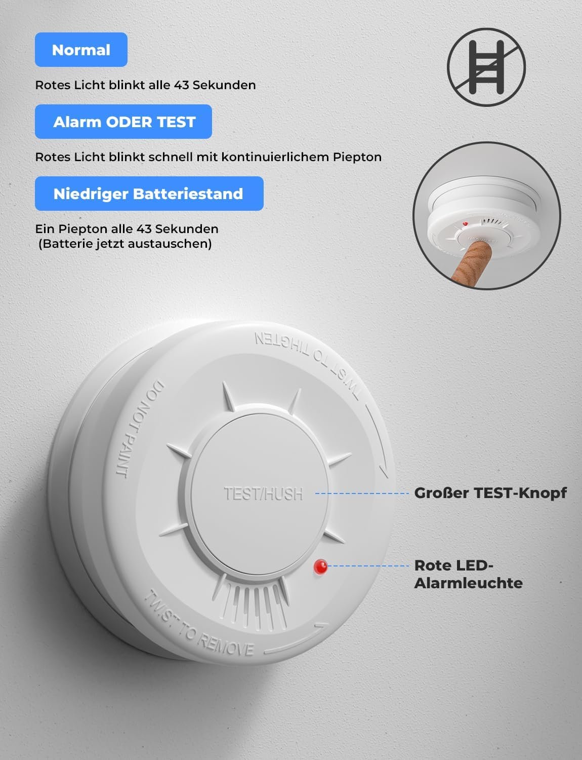 Liorque Rauchmelder, Rauchwarnmelder MIT Austauschbarer 5 Jahre Batterie, 10 Jahren Lebensdauer, EN14604 Zertifizerert, 85 dB, 2 Stückk – Bild 8