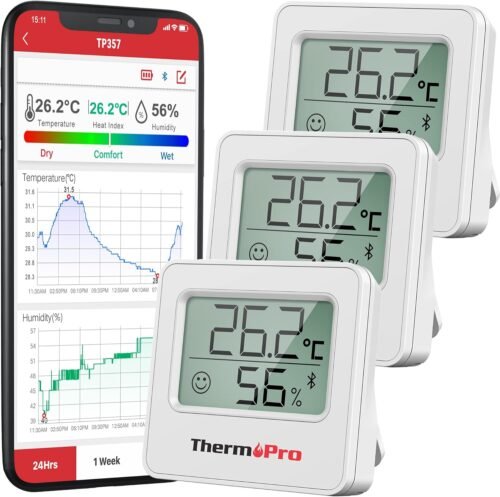 Thermopro TP357-3 80M Bluetooth Hygrometer 3er Set Raumthermometer Digital MIT App Mini Luftfeuchtigitsmesser MIT Smiley-Indikator DATENGRAFIK FUER INNAUM, BÜRO, WEINKELLER, Gewächshhausus