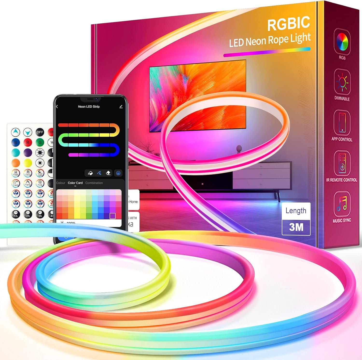 VKH Neon LED Strip 3M, Neon LED Streben MIT App-Steuerung, FunktionTerert MIT Alexa, Diy-Fungion, Musik Sync, Upgrade Neon LED Lichtband für Wohntzimmer, Schlaftzimmer, Wand Deko