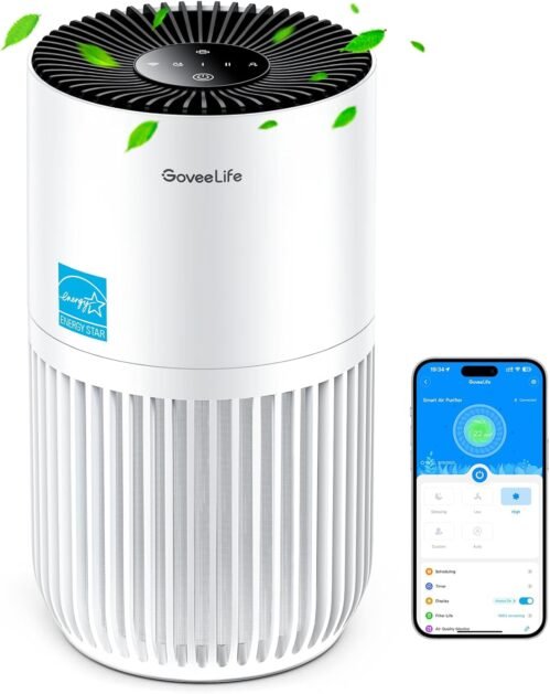 Goveelife Mini-lufreiniger für Schlafzimmer, HEPA Smart Filter Luftreiniger MIT Alexa App Steuerung Gegen TierHaare, Gerüche, Rauch, Tragbarer Lufreiniger MIT 3 Geschwindigkeuten, Timer Timer, Timer Timer