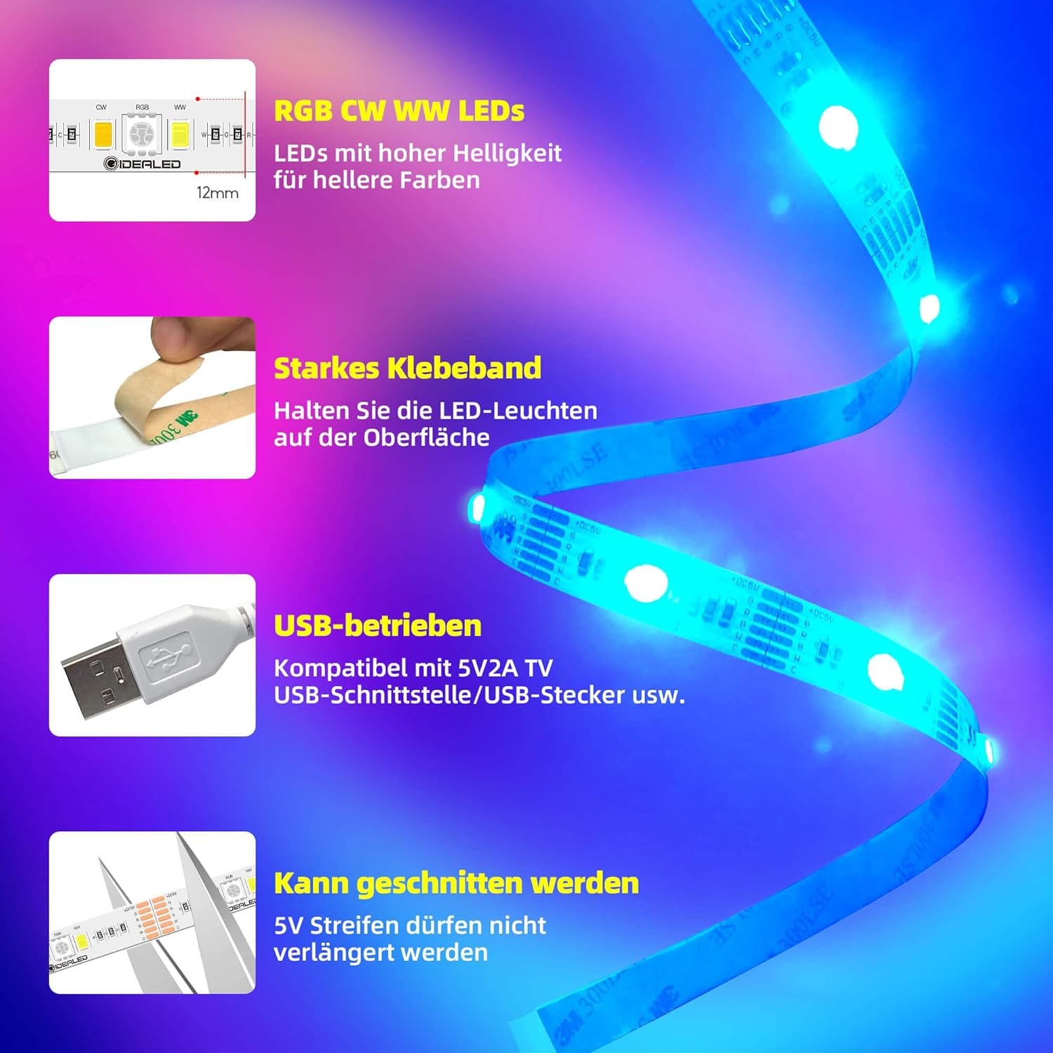 Zigbee 3.0 USB RGBWW LED STREIFEN DIMMBARES KIT, 3M Smart -TV -Hintergrundbeleuchtung Arebeiten Sie MIT Hub Bridge Echo Plus, App/Alexa Sprachsteuerung RGBCCT LED LED LEGEN FÜW AMBIANCE LELLING – Bild 4