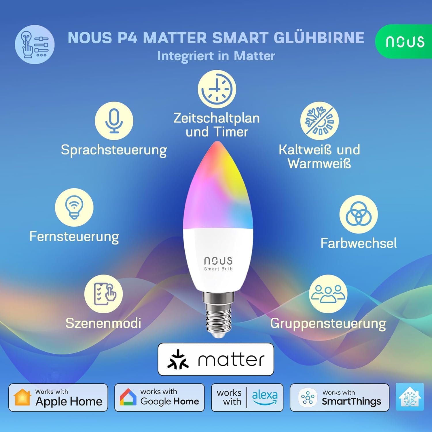 Nous P4 Smarte Wifi Guhbirne RGB E14, Kompatibel Mit Matter, Alexa, Google Home & Apple Homekit, Smart Home, Fernbedienung, LED Lampe Farbwechsel, Guhbirne Farbwechsel, RGB Guhbirne, 2.4 GHz WiFi -Wivi -Wihi – Bild 2