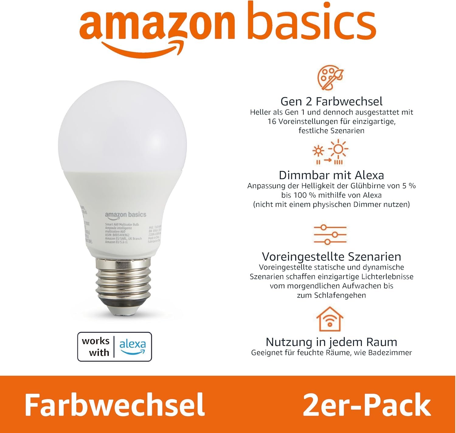 Amazon Basics Smarte A60 LED-Glühbirne, Farbenwechselnd, E27, 2,4 GHz Wlan, 8 W (entsspricht 6), Funktionert Nur MIT Alexa, 1 Stückk – Bild 2