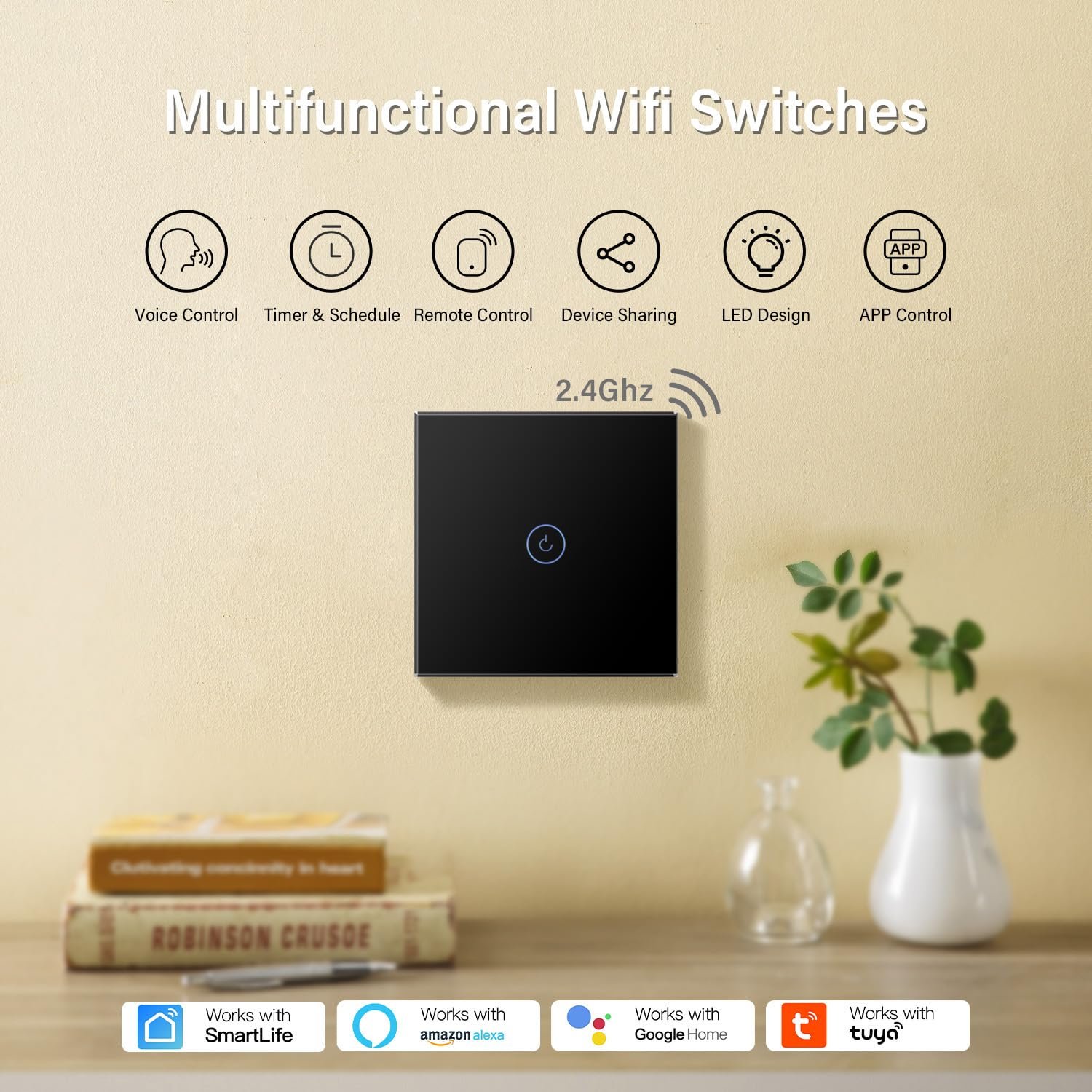 BSEED 2,4G Single Live Wifi-BerÜhrungssensorschalter (Kein Neutralleiter Erforderlich) Smart Life/Tuya/Google Alexa-kompatible Wandleuchtenschalter für Glasscheiben 1 Fach 1 Wag Schwarz – Bild 2