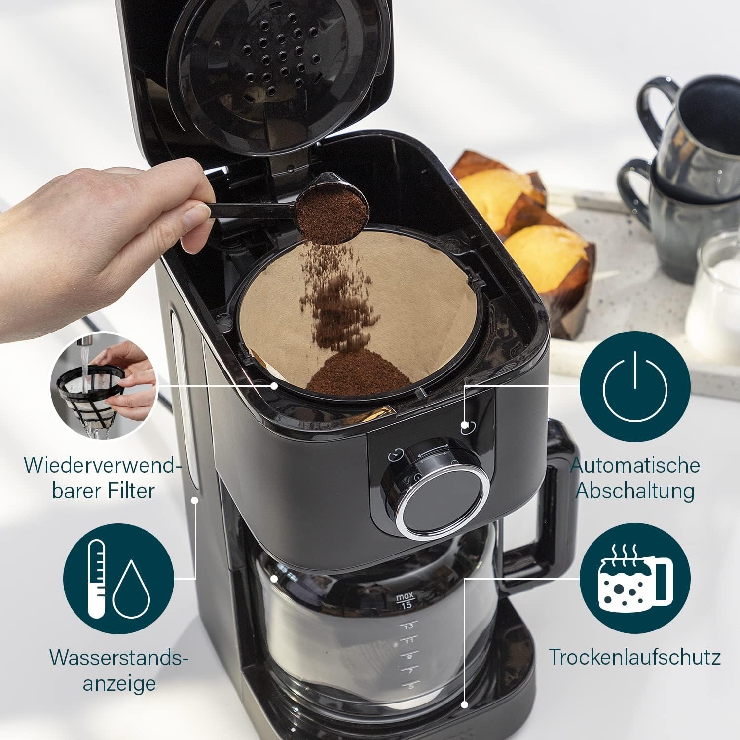 Edle Edelstahl Kaffeemaschine in Schwarz MIT Wifi -konneKtivität & Timer - Geeignet für 10 bis 15 Tassen – Bild 5
