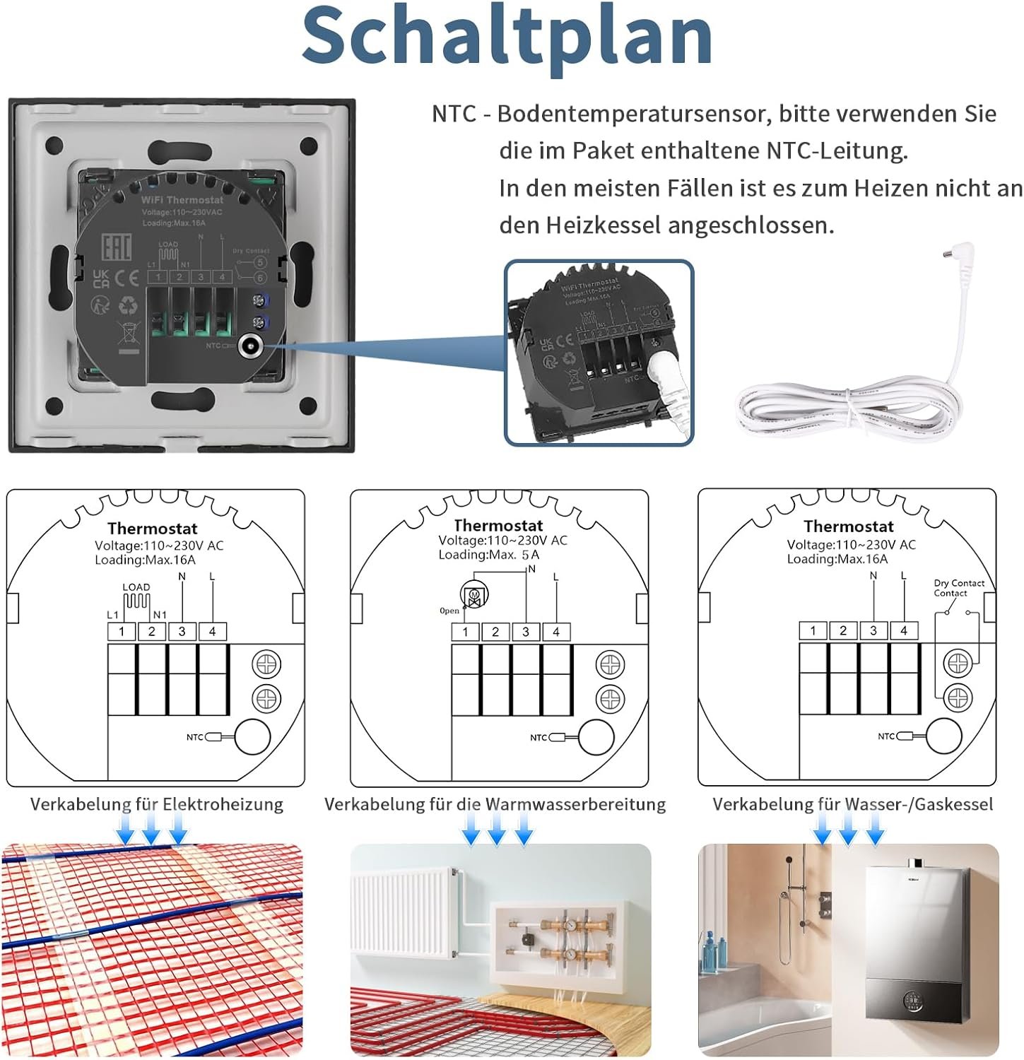 Cnbingo Smart Thermostat Interputz MIT Frotler, Digitaler Raumthermostat für Wasser Fußbodenheizungen und Kessel, Kompatibel Mit Alexa und Google Assistent, Sprachsteuerung, Weiß Mitglasrahmen – Bild 2