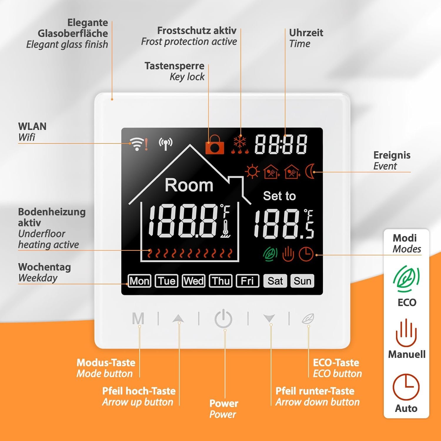 Mi-Heat M2 Raumthermostat Wlan Weiß-Alexa Tuya Smart Life Google Home Elektrischen Fußbodenheizung Thermostat Smart Raumthermostat Fußbodenheizung Zeitlich-Display-Abschaltung – Bild 3
