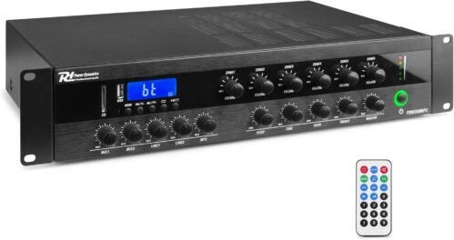 Power Dynamics PDW500MP3-Verstängker, PA-Mixer, 6-Zonen-Verstärker, 500 Watt, Bluetooth, MP3, für 100V-Soundsystem, RCA-Inputs, Mic-In, 3-Band-EQ, Mehrzonen endstufe
