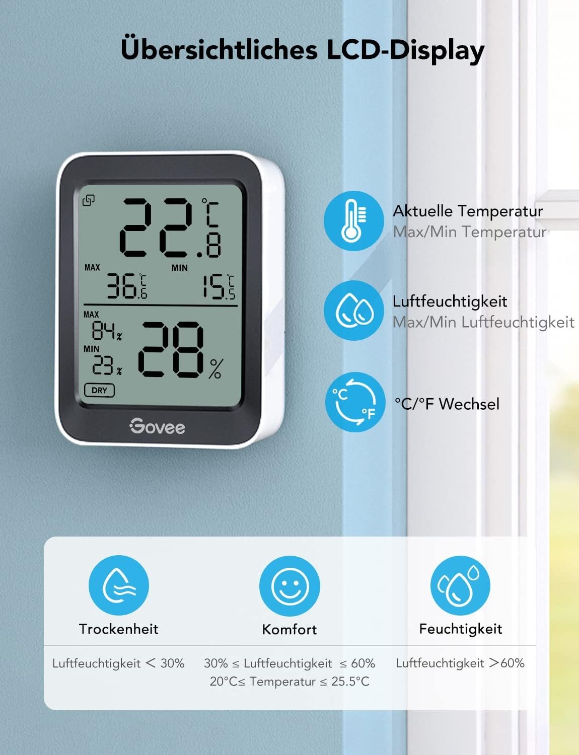 Govee Thermometer Hygrometer Innen, LCD Digital Temperatur Luftfeuchtzeitsmesser MIT Benachrichtigungs Alarm, Präzise Thermo-Hygrometer MIT-App, DATENSPEICHERUNG FUR GEWÄCHSHAUS WEINKELLER – Bild 3
