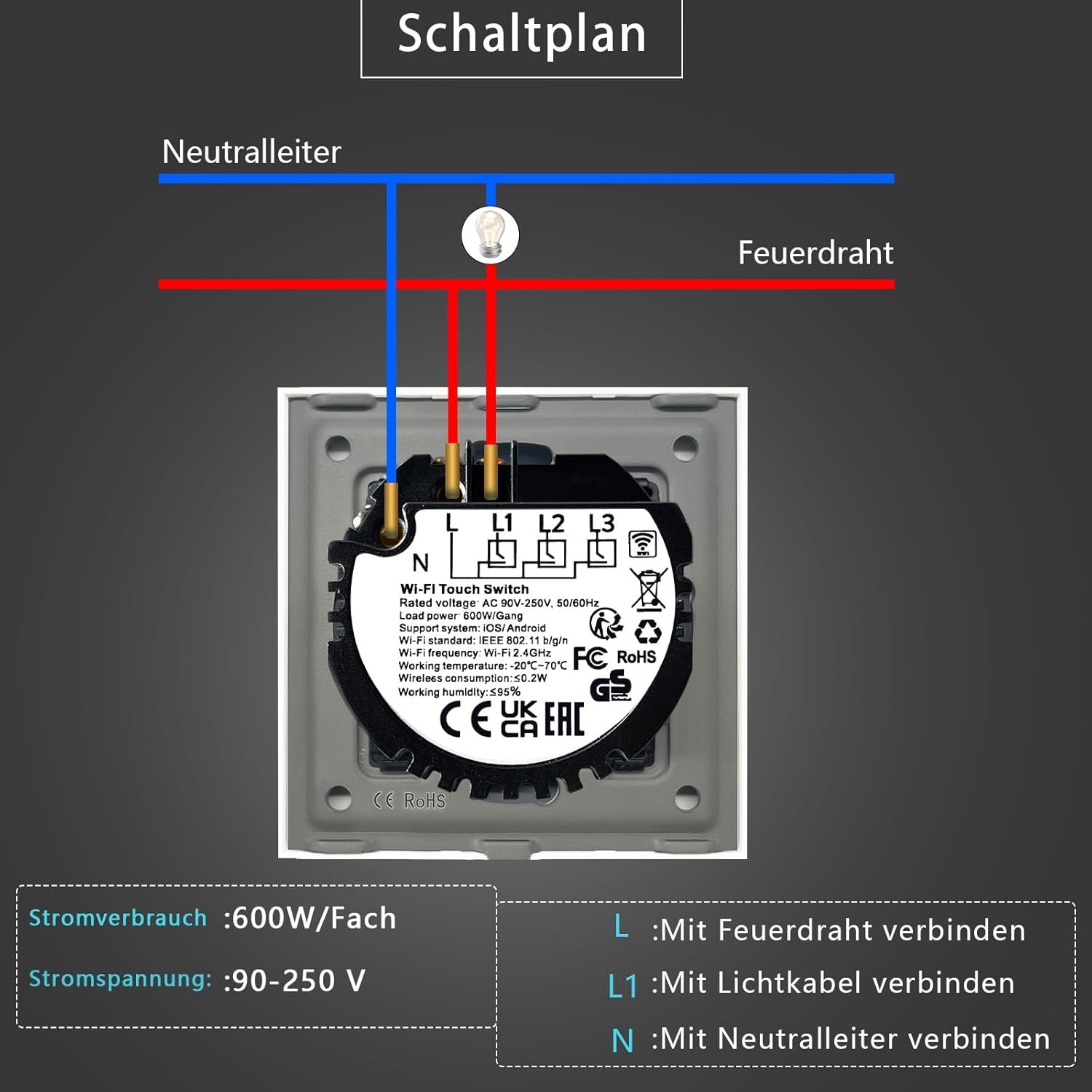 Tawoia Smart Alexa Lichtschalter (Neutralleiter Erforderlich), Wlan Lichtschalter Mit Glasschebe, Sprachsteuerung für Alexa, Kompatibel MIT Smart Life und Tuya App 1 Fach 1 Kane Weiß – Bild 3