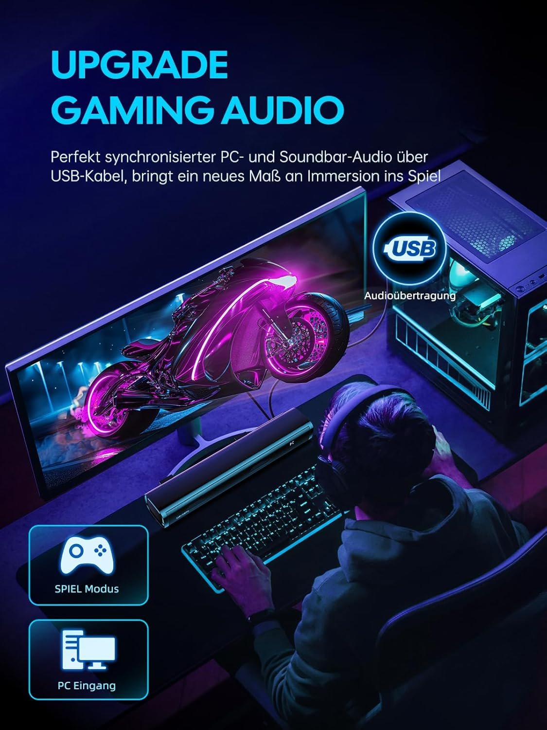 Mevosto Soundbar für TV Geräute PC Gaming Soundbar 60W Mini 2.1ch Integrierte Subwoofer BT5.4 Lautspecher Amt MIT USB Digital Audio/Optisch/Aux Voice Enhance 3 EQ Kompatibel Spielkonsolen-40Cm – Bild 2