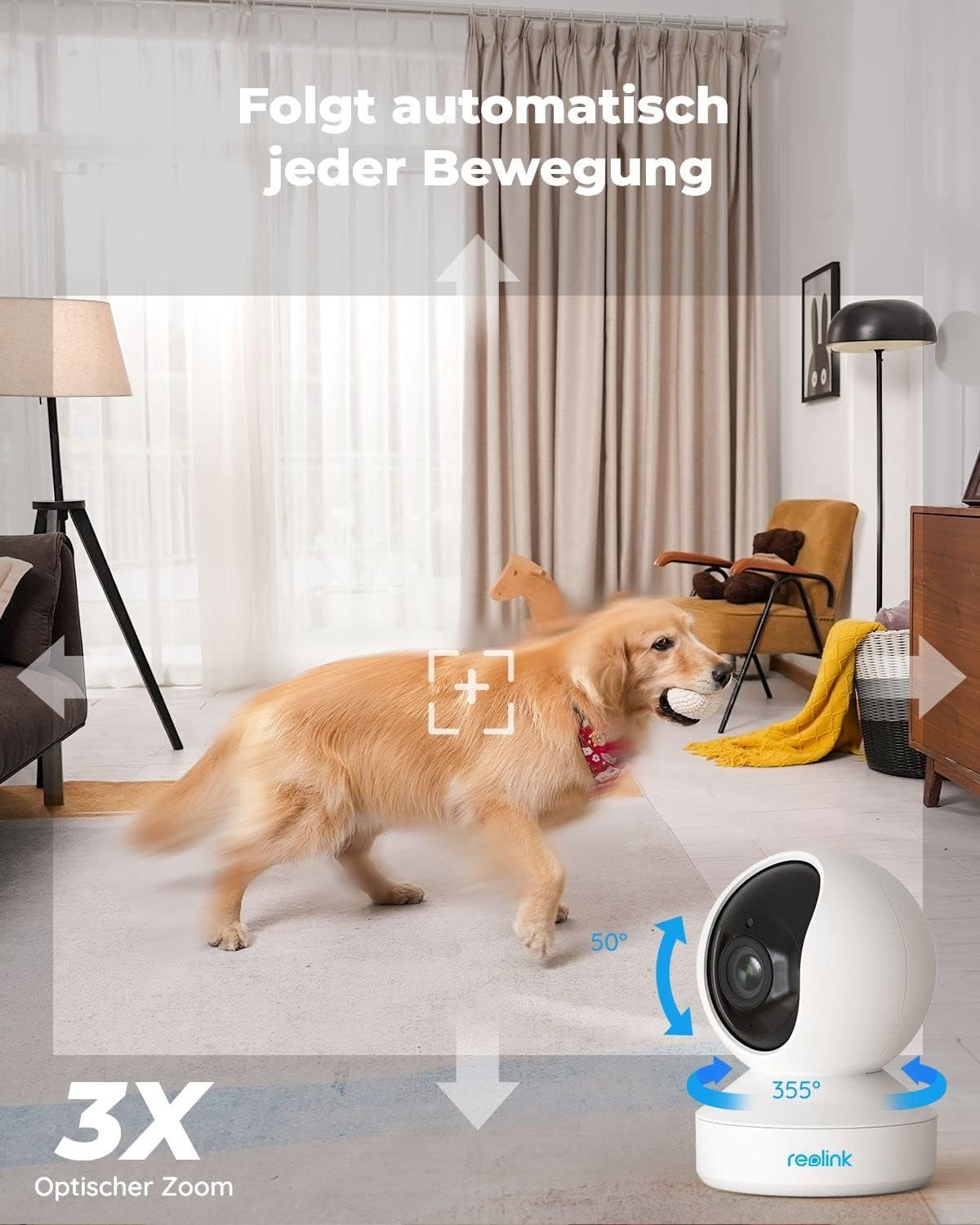 Reolink 5MP PTZ WLAN Überwachungskamera Innen, 2,4/5 GHz WiFi Baby Monitor mit Mensch/Haustiererkennung, Auto-Tracking, 3X Optischem Zoom, Heimüberwachungskamera für Ältere Kids, 2-Wege-Audio, E1 Zoom – Bild 3