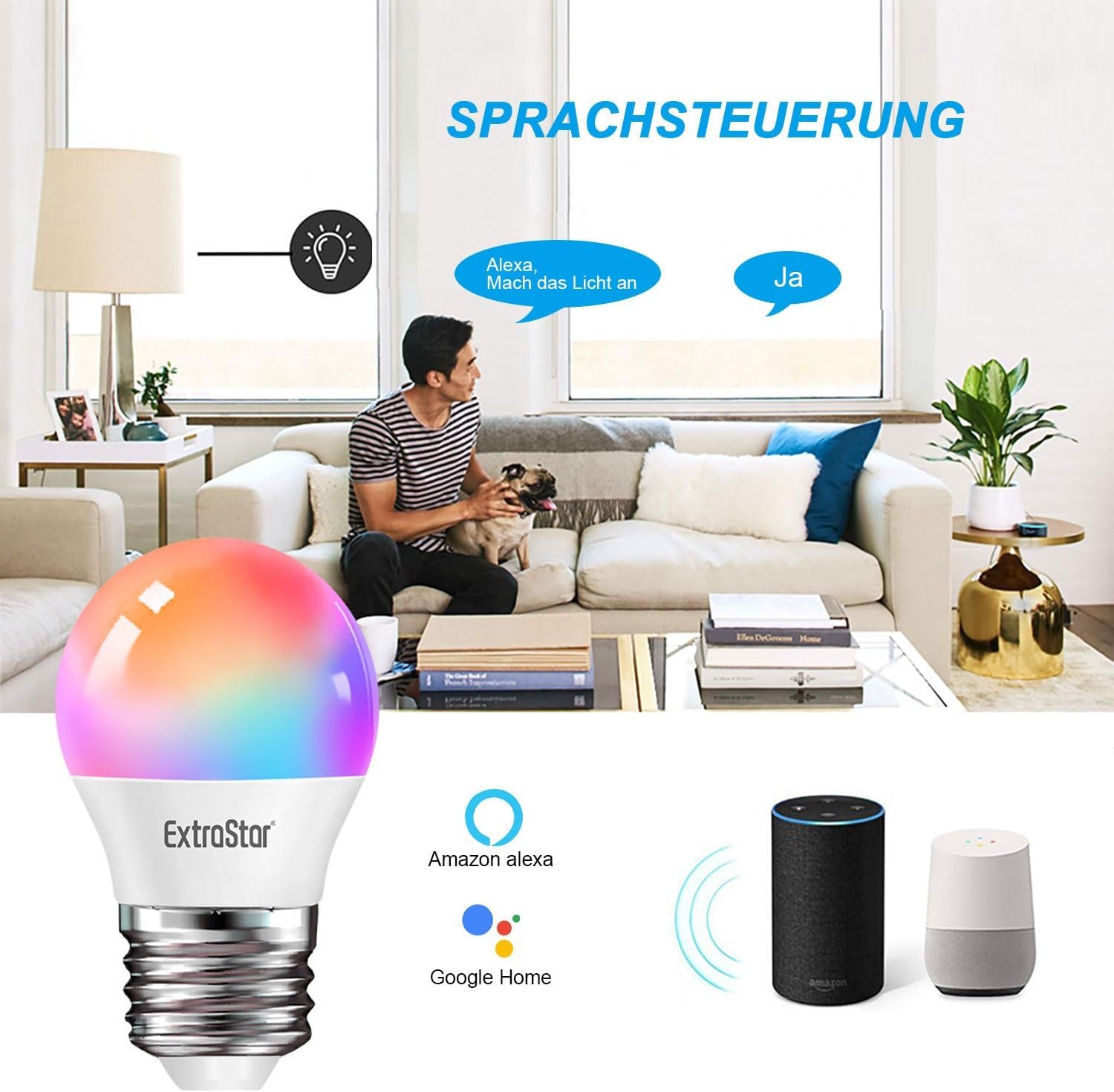Extrastar Smart Glühbirne E27 G45, Alexa Led Wifi Lampe 2700K-6500K, 4,9W 470LM 16 MILEN FARBEN WLAN DIMMBAR GLuhbirne, Rgb Birne Kompatibel Mit Alexa, Google Home, 2 Stückk – Bild 3