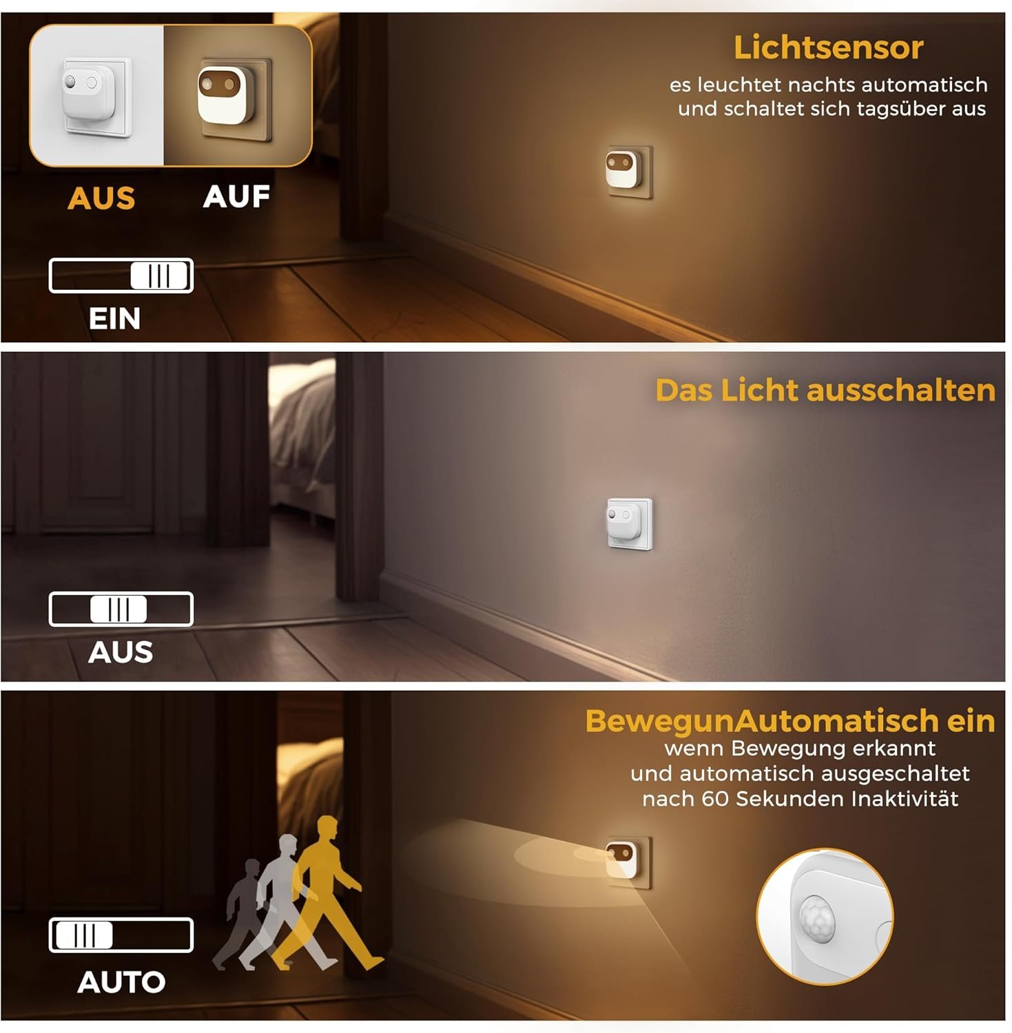 Lohas-geführtes von von Nachtlich mit Bewegungsmelder, 2er-Pack-LED nachtlich steckdose warmweiß 3000k, 30/60/100lm Helligkeit Einstellbar, Dämmerungsschalter nachtlich Für Flur, Treppe, Schlafzimmer, Schlafzimmer, Schlafzimmer, Schlafzimmer, Schlafzimmer, Schlafzimmer – Bild 2