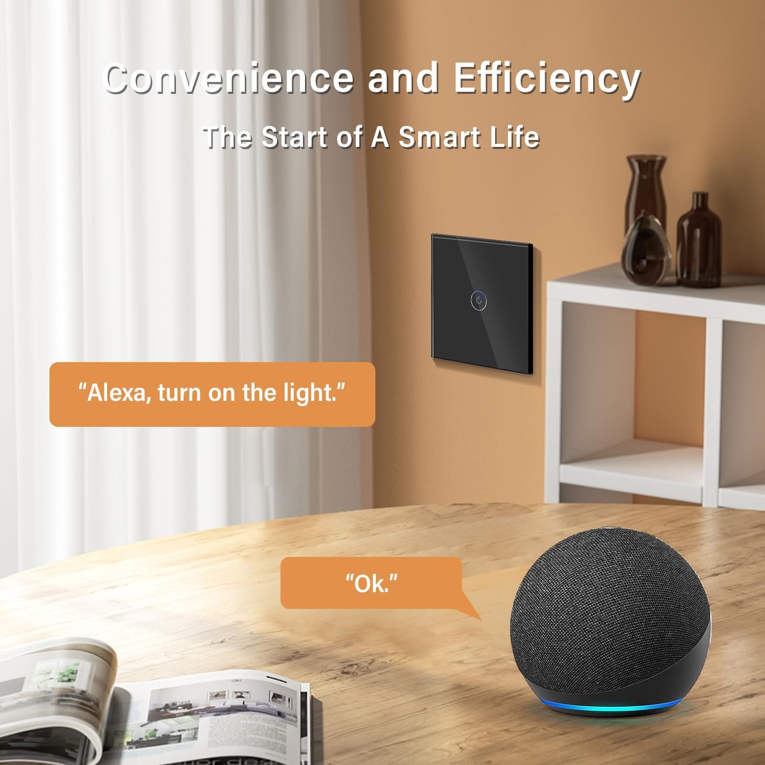 BSEED 2,4G Single Live Wifi-BerÜhrungssensorschalter (Kein Neutralleiter Erforderlich) Smart Life/Tuya/Google Alexa-kompatible Wandleuchtenschalter für Glasscheiben 1 Fach 1 Wag Schwarz – Bild 3