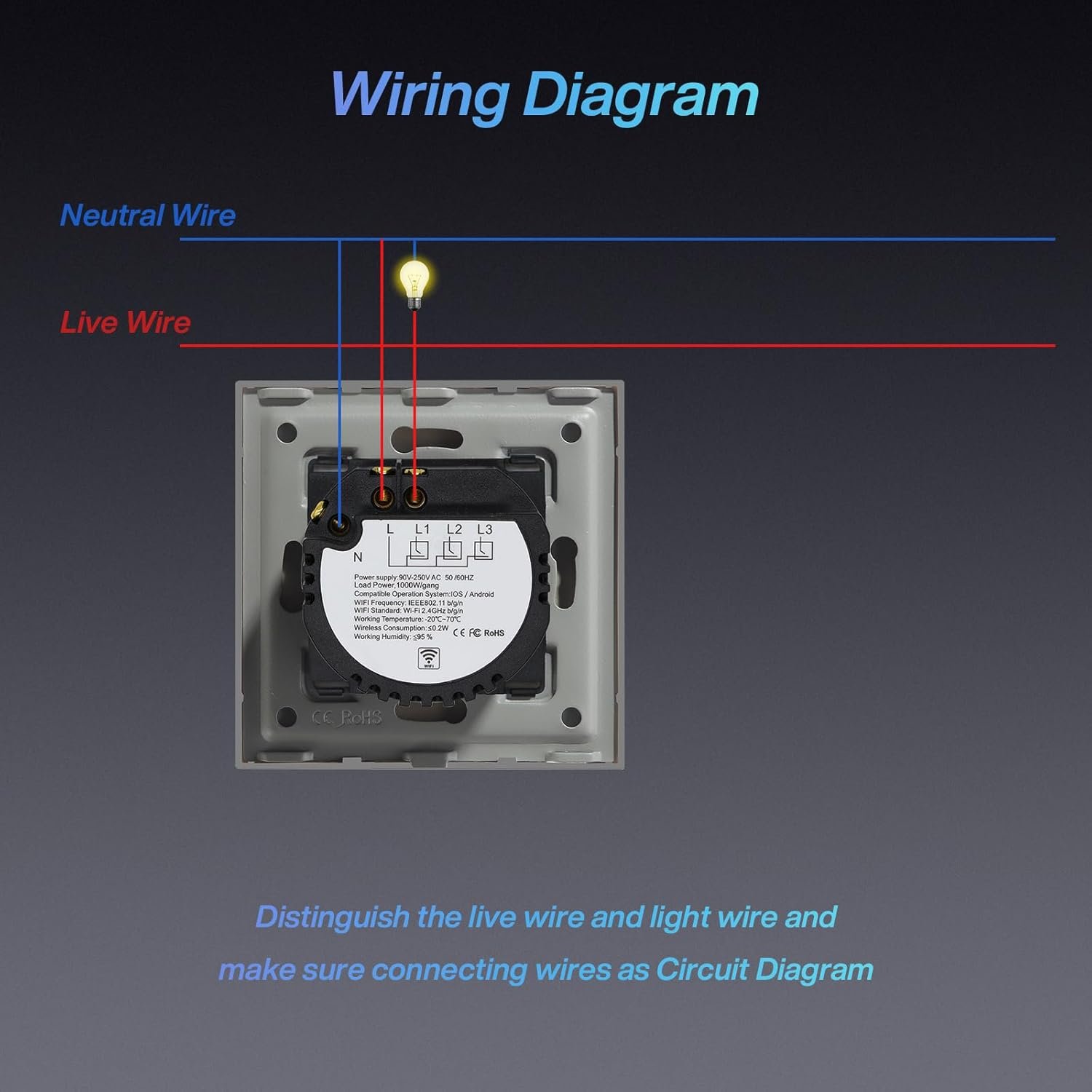 BSEED-SMART-Wifi-BerÜhrungssensorschalter (neutrale Leitung Benögt) Alexa und Google Home Work mit Tuya für Office Dekoration Kristall Glas Platte-Wandlicht-Schaltern 1 Fach 1 Wag Grau Grau – Bild 8
