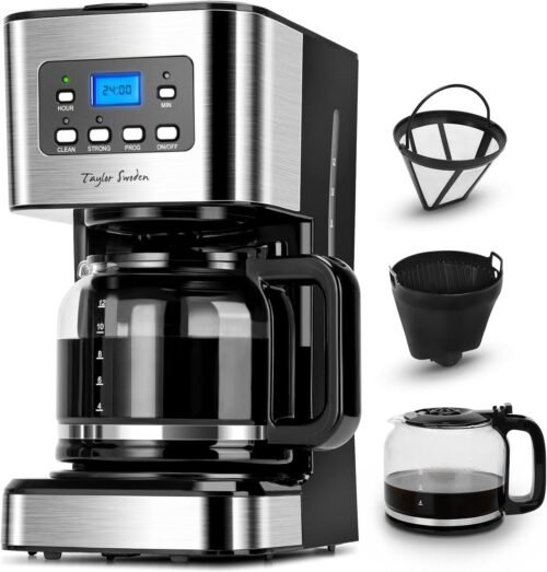 Taylor Shoden Darcy-950W Kaffeemaschine MIT Timer, 1,5L Filterkaffeemaschine 12 Tassen, Abschaltomatomatik, Tropf-Stopp, Wiederverwendbarem Filter und Heizplatte, BPA-Frei, Schwarz