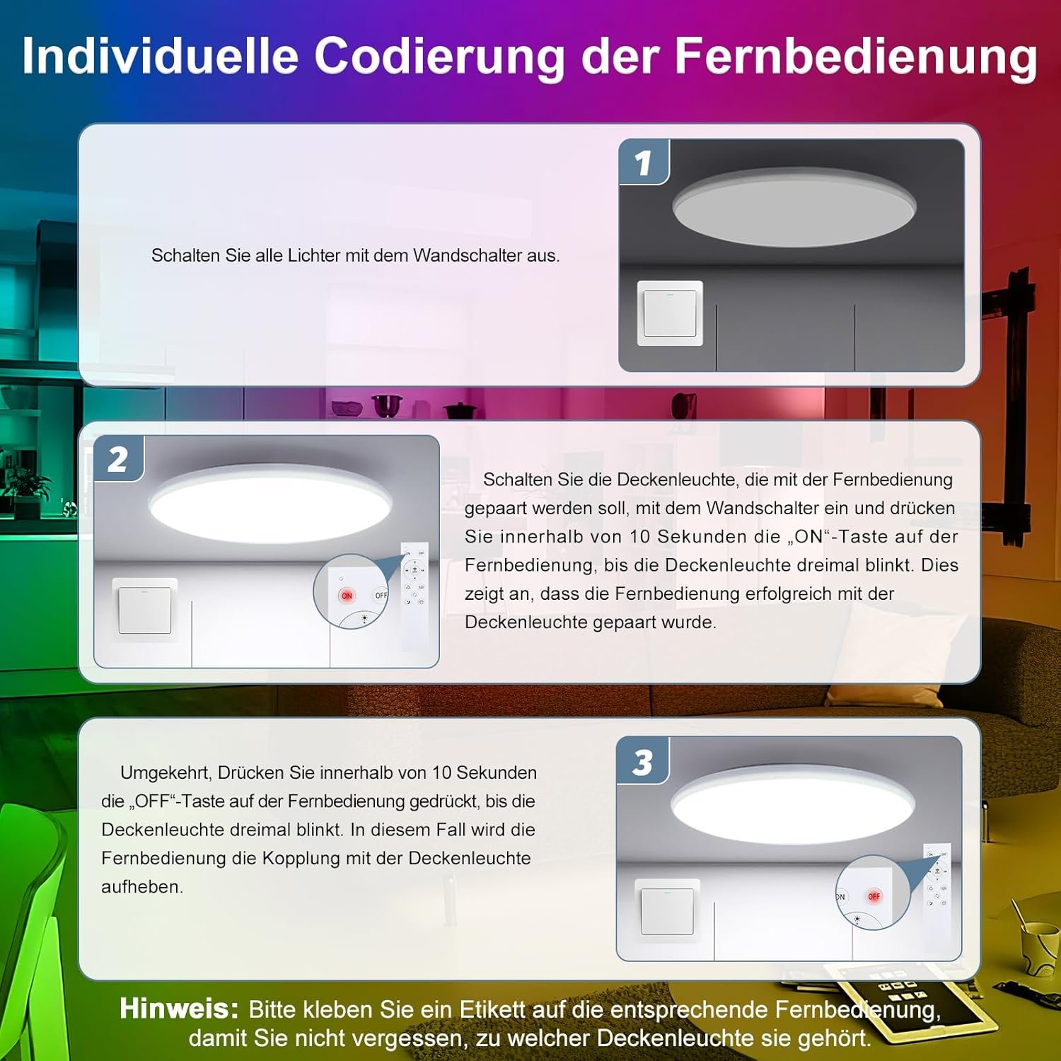Opparl geführte LED Deckenlampe Dimmbar Mit Fernbedienung, 24W 16 MILEN RGB FARBWECHSEL Smart Led Deckenleuchte Steeuerbar, 2400LM Deckenbeleuchtung Ø30CM LAMPE für Wohntzimmer Schlafzimmer, Weiiß – Bild 6