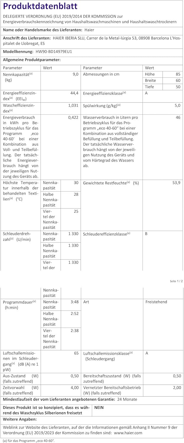Haier i-pro Serie 7 plus HW90-BD14979EU1 WASCHMACHIN/9 KG/10% Effizierer ALS Klasse A/Smart Home-Wi-Fi & Hon App/Direct Motor/Autodose/Refresh-Program & Fleckenoptionen – Bild 8