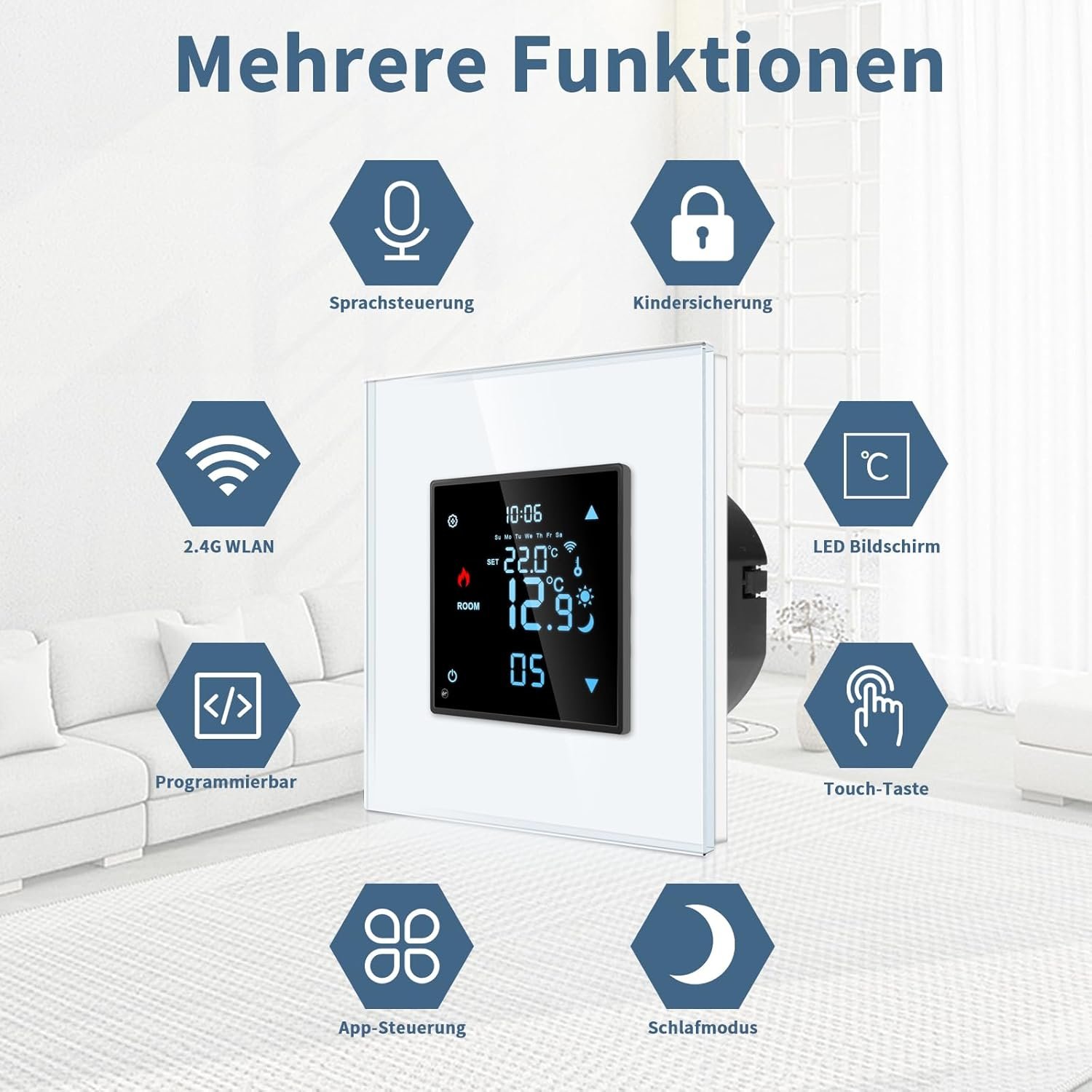 Cnbingo Smart Thermostat Interputz MIT Frotler, Digitaler Raumthermostat für Wasser Fußbodenheizungen und Kessel, Kompatibel Mit Alexa und Google Assistent, Sprachsteuerung, Weiß Mitglasrahmen – Bild 3