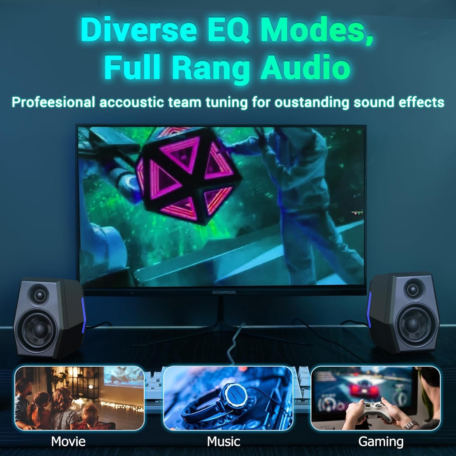 Sanyun SW209 36W 2.0 Computer Gaming PC Multimedia Lautsprecher, Mehrfacher EQ-Sound-Modus, Bluetooth 5,0 USB 3,5 mm Aux Eingänge, RGB-Leutzten, Für-Laptop-Desktop-Monitor (Paar, Schmarz) – Bild 3