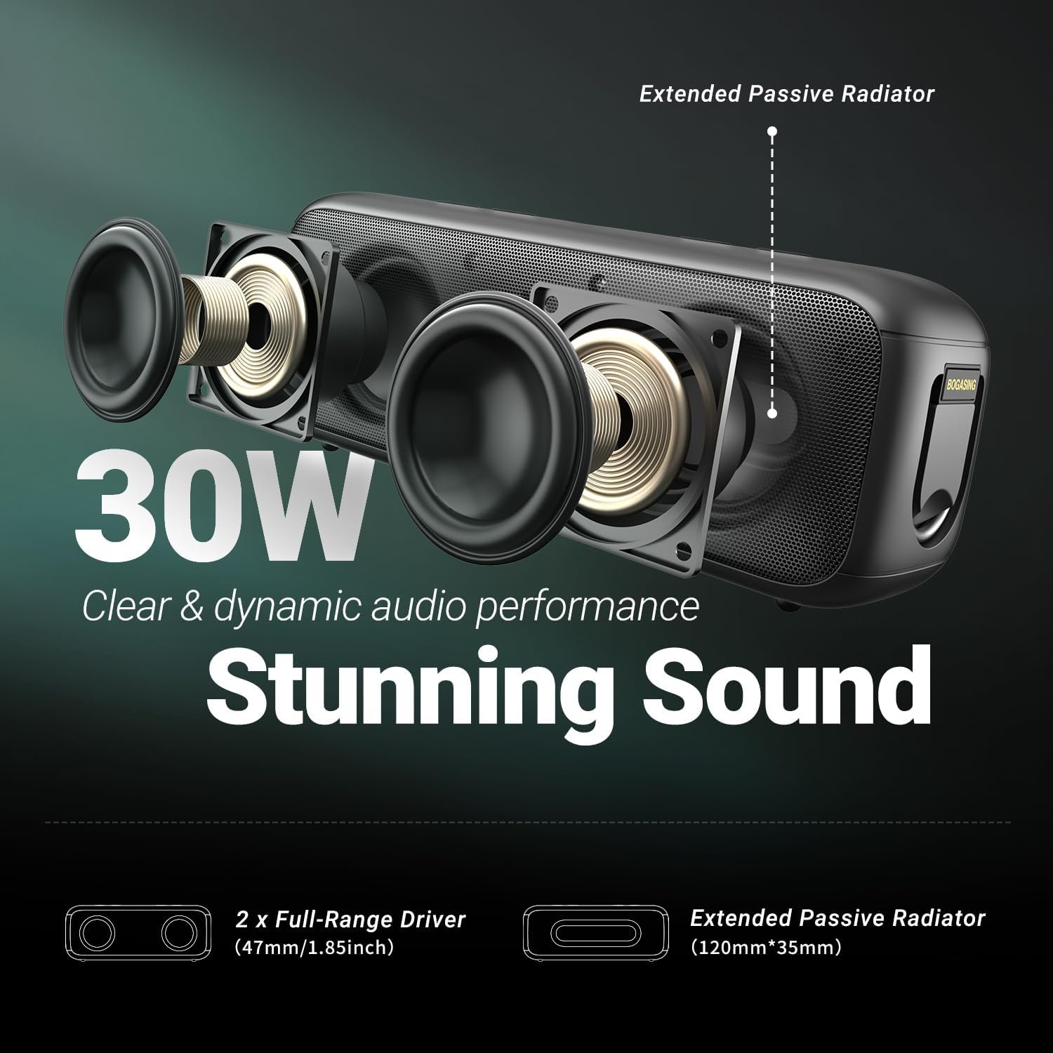 Bogasing G6 Tragbarer Bluetooth Lautsprecher, Lautsprecher-Boxen Bluetooth MIT 30W Stereo-Sound, 35H AKKU, EQ, IPX6, USB, TF, Aux, Kabelloser Musikbox Mit Mikrofon Für Outdoor (Beige) – Bild 2