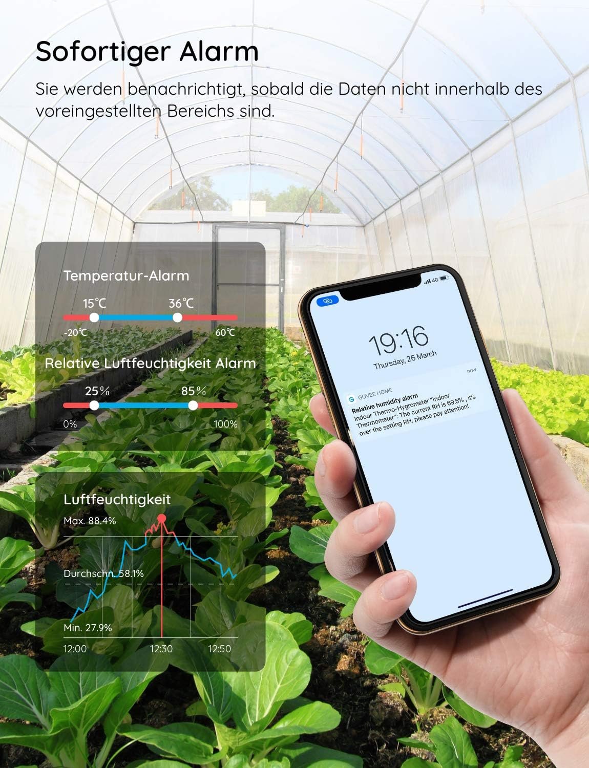 Govee Thermometer Hygrometer Innen, LCD Digital Temperatur Luftfeuchtzeitsmesser MIT Benachrichtigungs Alarm, Präzise Thermo-Hygrometer MIT-App, DATENSPEICHERUNG FUR GEWÄCHSHAUS WEINKELLER – Bild 4