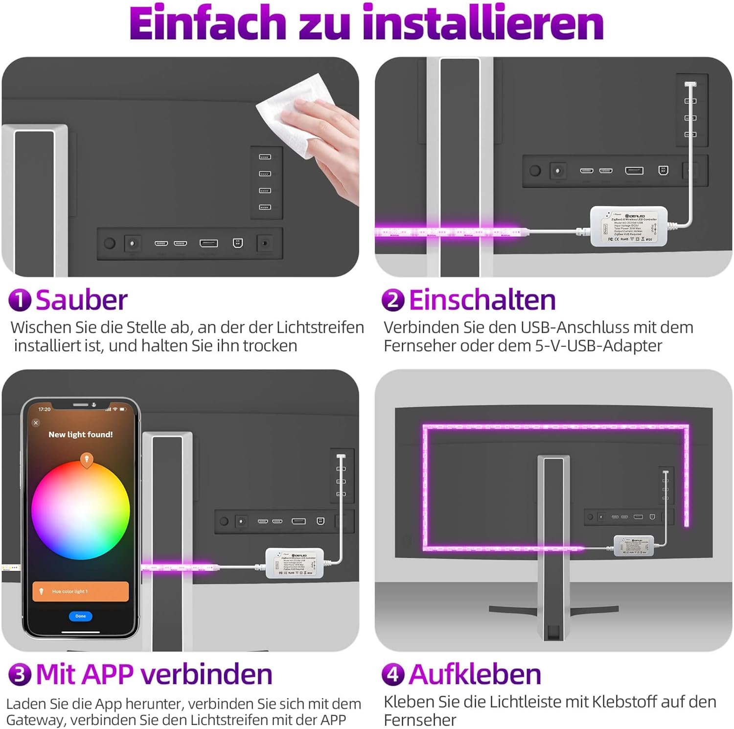 Zigbee 3.0 USB RGBWW LED STREIFEN DIMMBARES KIT, 3M Smart -TV -Hintergrundbeleuchtung Arebeiten Sie MIT Hub Bridge Echo Plus, App/Alexa Sprachsteuerung RGBCCT LED LED LEGEN FÜW AMBIANCE LELLING – Bild 6
