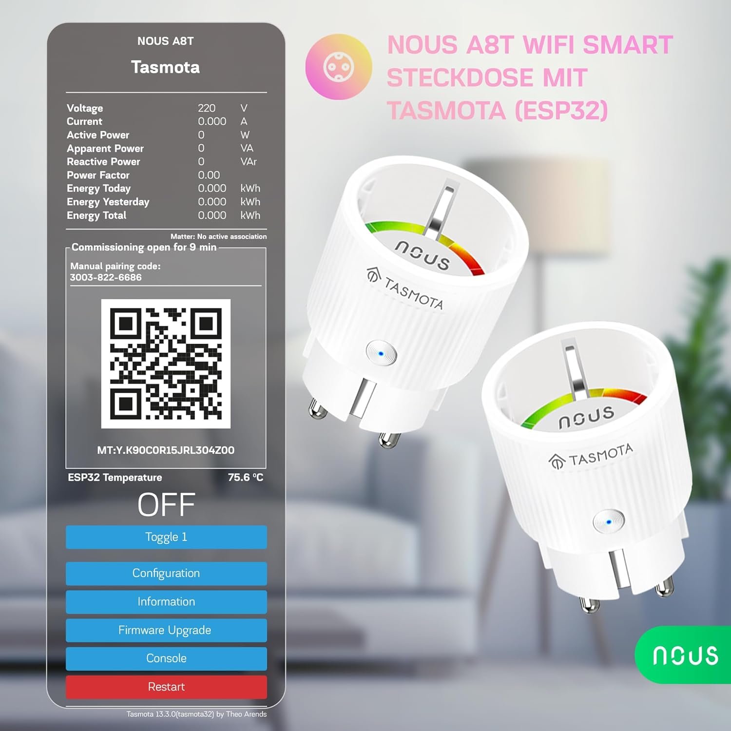 Tasmota Steckdose Nous A8T, Kleinste Wlan ESP32 Smart Plug, 10A Mini Wifi Steckdosen MIT Stromverbrauch Stromzähler, Zeitschaltuhr, Kompatibel Mit Matter, Alexa, Google Home Assistent, MQTT, 2.4g – Bild 4