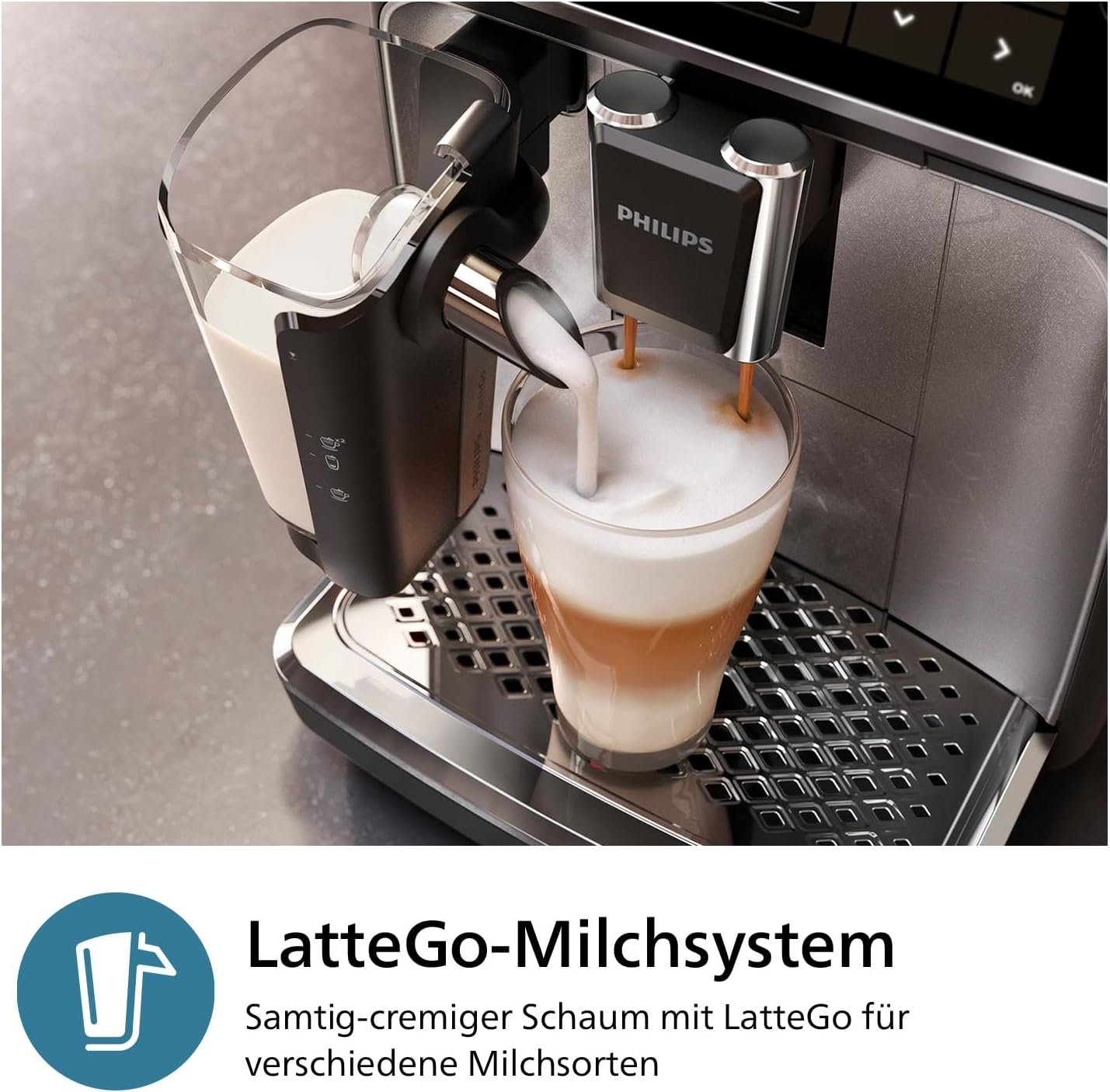 Philips 3300-Serie Kaffeevollautomat-6 GetRänke, Modernes Farb-Touchscreen-Display, Lattego-Milchsystem, Silentbrew, 100% Keramikmahlwerk, Aquaclean-Filter. Schwarzchrom (EP3347/90) – Bild 5