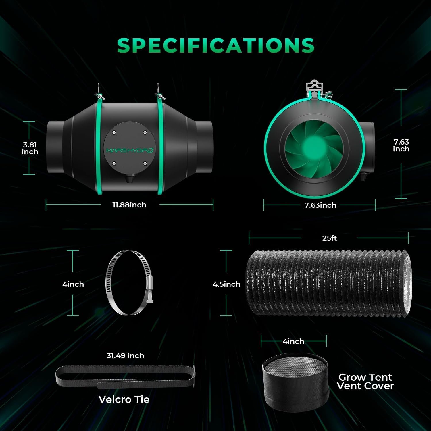 Mars Hydro Smart 4 Zoll Inline-Ventilator MIT Variable GeschwindigkeupsRegler, Temperatur und Luftfeuchtzeitsensor, Belüftungsventilator für Hydroponik Zelt wachsen Zelt – Bild 6