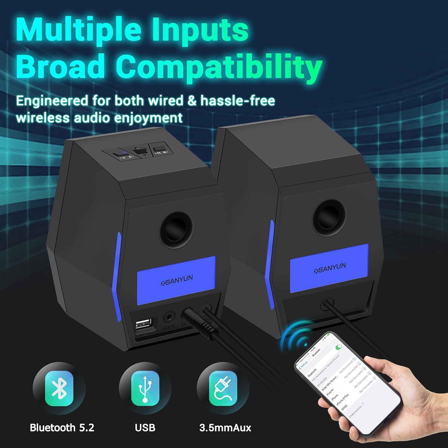 Sanyun SW209 36W 2.0 Computer Gaming PC Multimedia Lautsprecher, Mehrfacher EQ-Sound-Modus, Bluetooth 5,0 USB 3,5 mm Aux Eingänge, RGB-Leutzten, Für-Laptop-Desktop-Monitor (Paar, Schmarz) – Bild 4