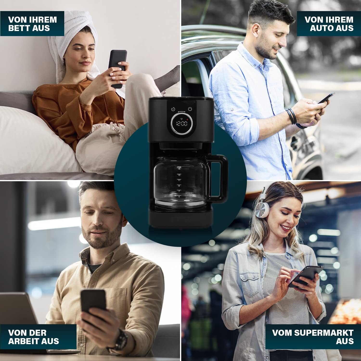 Edle Edelstahl Kaffeemaschine in Schwarz MIT Wifi -konneKtivität & Timer - Geeignet für 10 bis 15 Tassen – Bild 6