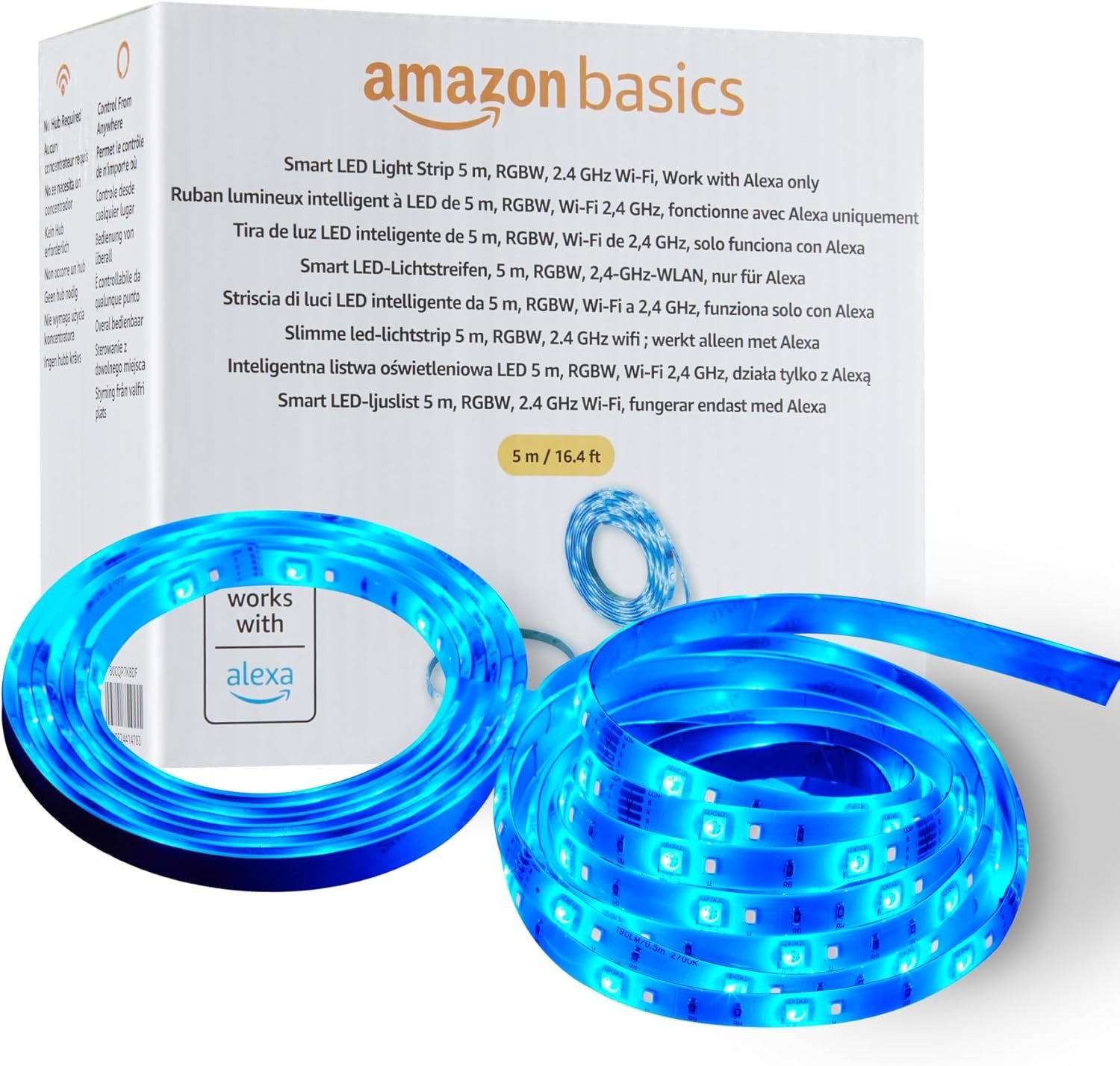 Amazon-Grundlagen-Smartter LED-Lichtstreifen, 5 m, RGBW, 2,4 GHz Wlan, Nur für Alexa Geeignet, Mehrfarbig