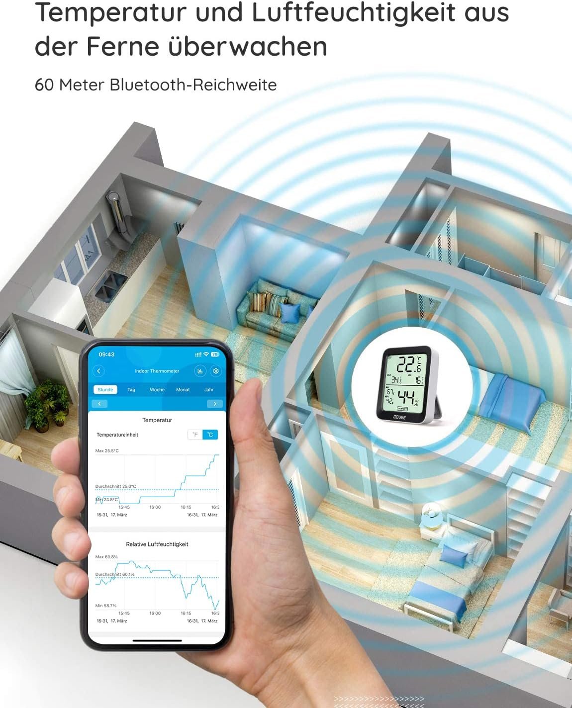 Govee Thermometer Hygrometer Innen, LCD Digital Temperatur Luftfeuchtzeitsmesser MIT Benachrichtigungs Alarm, Präzise Thermo-Hygrometer MIT-App, DATENSPEICHERUNG FUR GEWÄCHSHAUS WEINKELLER – Bild 5