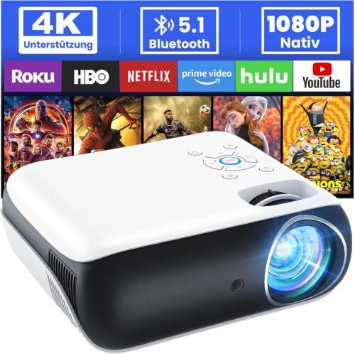 Hopvision Beamer, Full HD 1080p Beamer, Bluetooth Beamer 4K UNTERSTUTZT, Tragbart Mini Beamer Heimkino, Home/Outdoor Projektor Kompatibel MIT Smartphone/HDMI/USB/AV/Fire Stick/PS5
