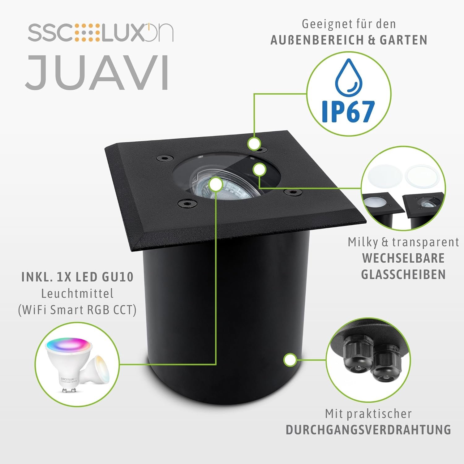 SSC -Luxon 3 Stücke Juavi Bodenleuchte Einbau Aussen Schwarz Kompatibel MIT Smart Sprecher - Außenleuchte Garten MIT Smart Home Gu10 LED – Bild 3