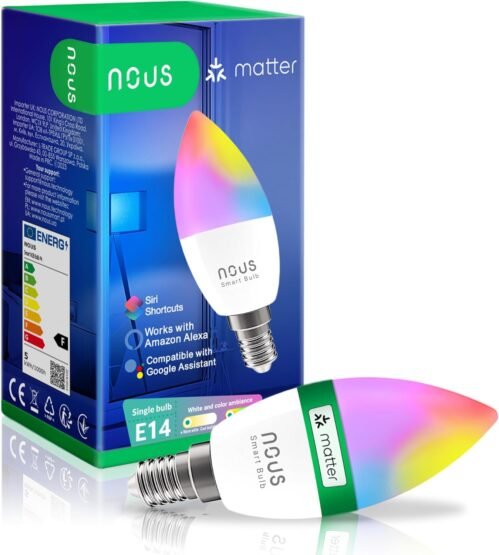 Nous P4 Smarte Wifi Guhbirne RGB E14, Kompatibel Mit Matter, Alexa, Google Home & Apple Homekit, Smart Home, Fernbedienung, LED Lampe Farbwechsel, Guhbirne Farbwechsel, RGB Guhbirne, 2.4 GHz WiFi -Wivi -Wihi