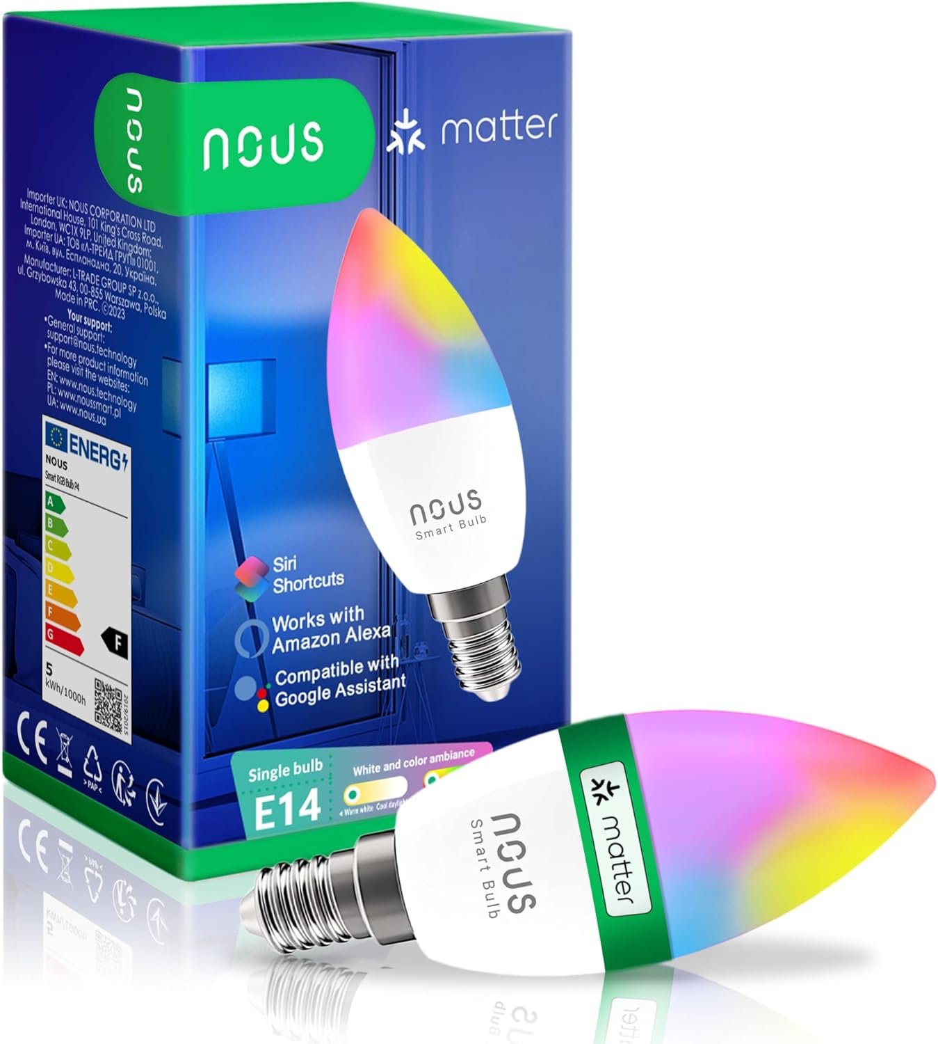 Nous P4 Smarte Wifi Guhbirne RGB E14, Kompatibel Mit Matter, Alexa, Google Home & Apple Homekit, Smart Home, Fernbedienung, LED Lampe Farbwechsel, Guhbirne Farbwechsel, RGB Guhbirne, 2.4 GHz WiFi -Wivi -Wihi