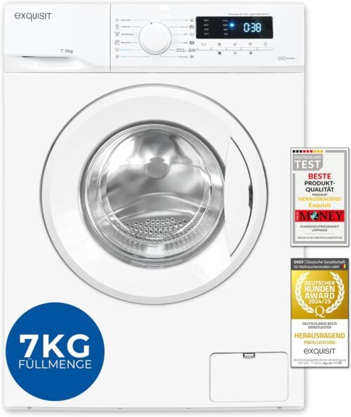 Exquisit Waschmaschine 7 kg, Energieeffizienzklasse A, Max. 1400 U/min, Kurzprogramm, MixProgramm, Startzeitvorwahl (3-24 Std.), Aquastop, 12 WASCHPROGE, WA57014-020A Weiss