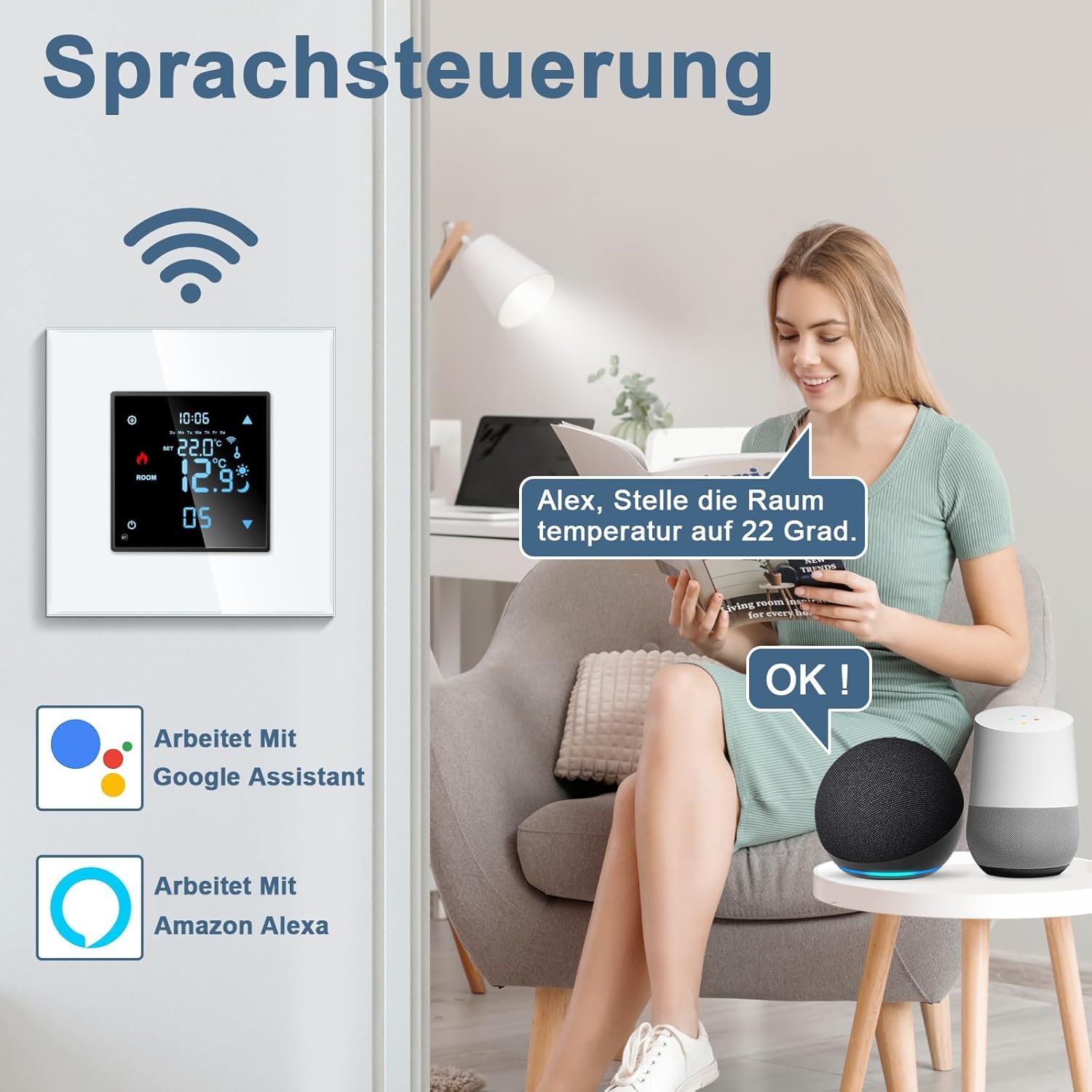 Cnbingo Smart Thermostat Interputz MIT Frotler, Digitaler Raumthermostat für Wasser Fußbodenheizungen und Kessel, Kompatibel Mit Alexa und Google Assistent, Sprachsteuerung, Weiß Mitglasrahmen – Bild 4