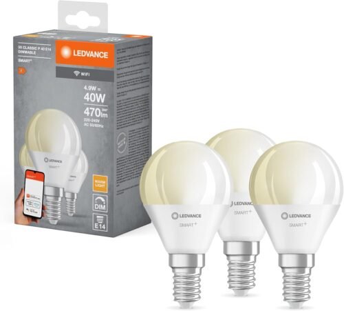 Ledvance Smarte LED-Lampe MIT WiFi Technologie, Sockel E14, Dimmbar, Warmweiß (2700 K), Ersetzt Glühlampen MIT 40 W, Smart+ WiFi Mini-Brampe dimmbar, 3er-Pack